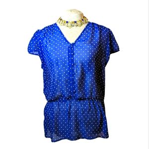 🔖 Reitmans szXL royal blue polkadot sheer button peplum blouse EUC